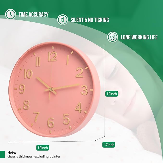 Wall Clock 12 Inch Pink Modern Simple Quartz Decorative Clock Non-Ticking - Image 3