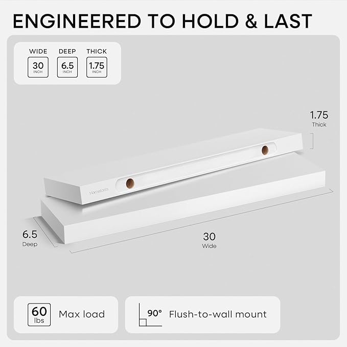 Homeforia White Floating Shelves 30 inch, High End Solid Real Wood 30inch - Image 2
