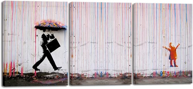 Wieco Art 3 Piece Banksy Famous Canvas Paintings Wall Art Raining day Modern by WiecoArt