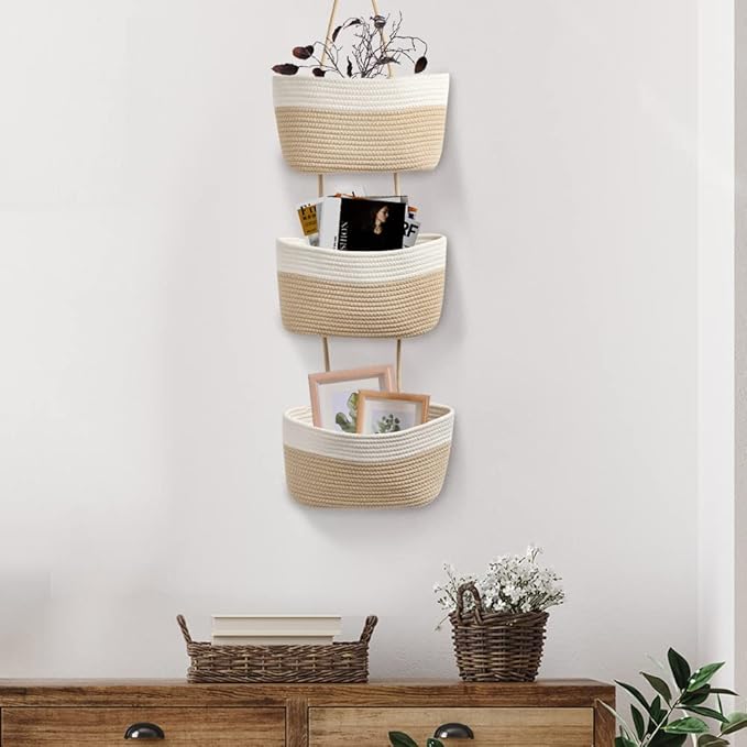 TeoKJ Over the Door Hanging Basket, 3-Tier Woven Cotton Wall-Mounted Storage - Image 6