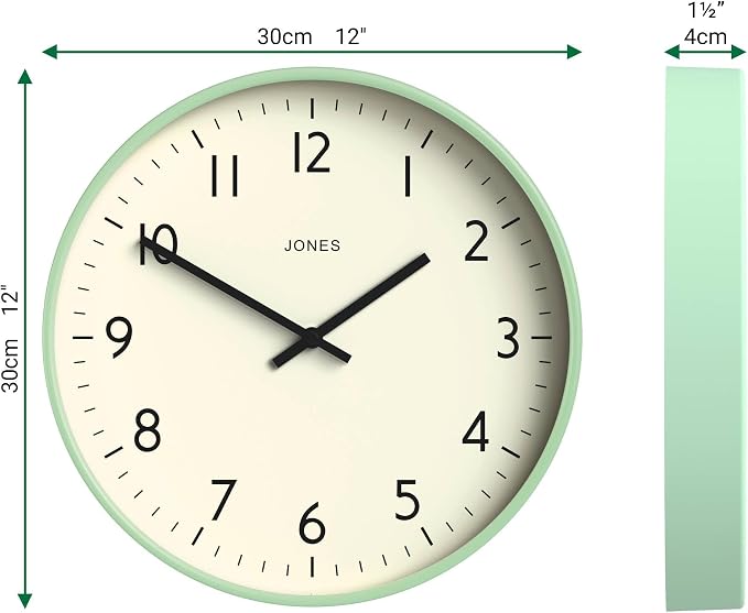 JONES CLOCKS® Studio wall Clock | Modern Round Style | 12 inch | Neo Mint Green - Image 4