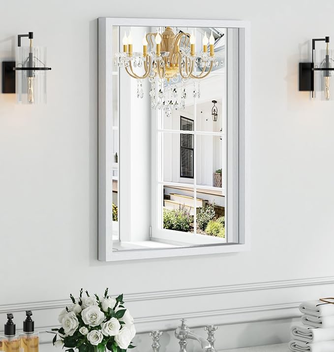 Syndra White Wood Frame Bathroom Mirror, Waterproof Slim Deep Frame, by Syndra