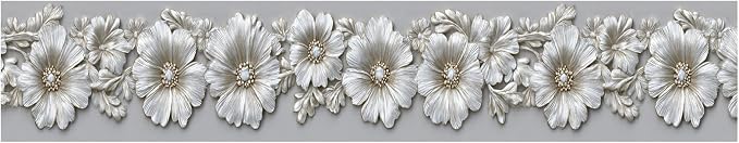 Silver Floral Wallpaper Border 196x4 Inch Peel and Stick Wall Border Metallic - Image 2