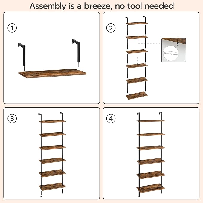 HOOBRO DIY Ladder Shelf, 6-Tier Wall Mounted Bookshelf, Office Vertical Bookcase - Image 9