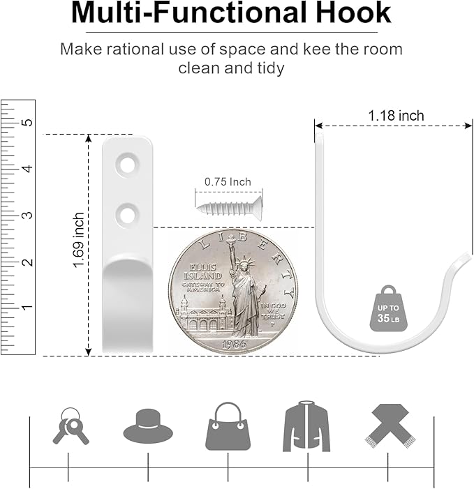 15-Pack White Metal Wall Hooks, Heavy Duty Screw-in Coat Hooks Wall Mounted - Image 2