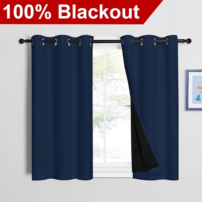 NICETOWN Navy 100% Blackout Curtains 45 inch Long 2 Panels Set, Thermal - Image 2