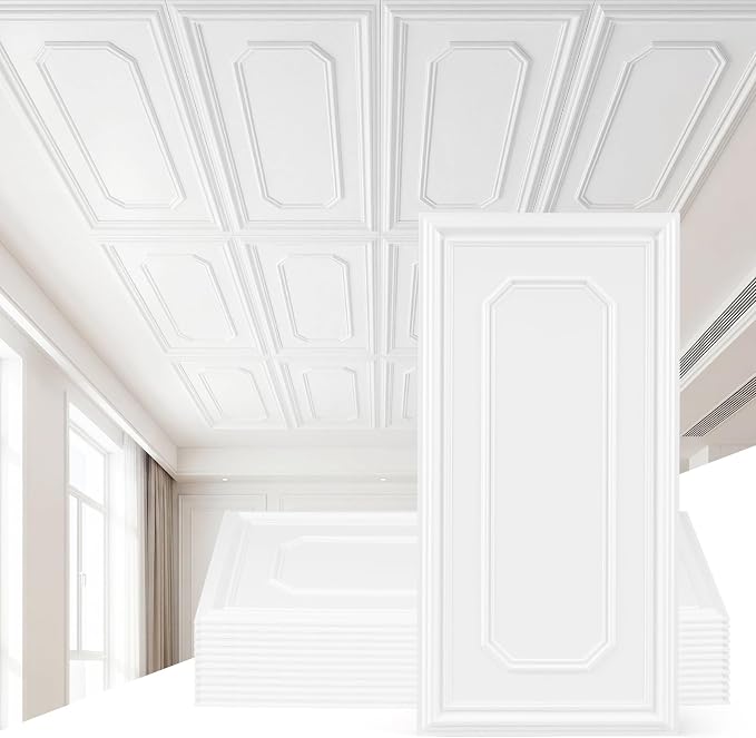 Giantex 12 Pack PVC Wall Panels, Glue Up or Drop Ceiling Panel, Waterproof 3D by Giantex