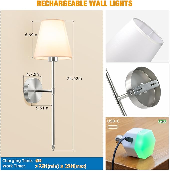 NIORSUN Battery Operated Wall Sconce Set of 2, Brushed Nickel Rechargeable Wall - Image 7