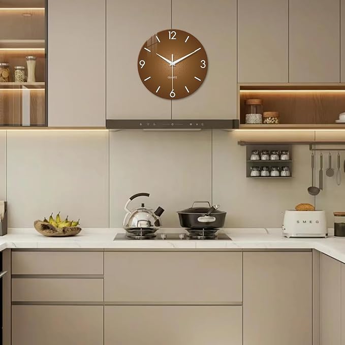 XFM Brown Wall Clock 12 Inch Modern Silent Wall Clocks Battery Operated Round - Image 5