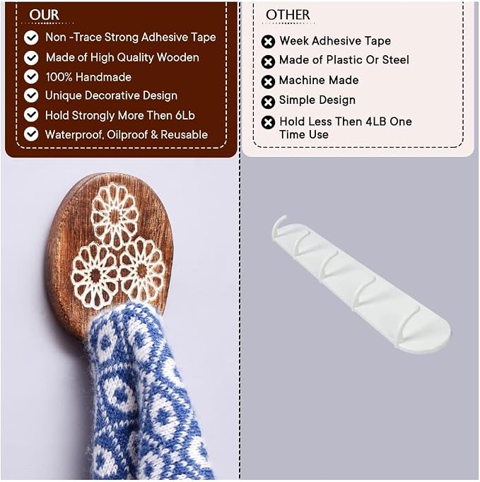 Indian Shelf 6 Lb- 6 Pieces Decorative Wood Adhesive Wall Hooks–Boho Peel and - Image 4
