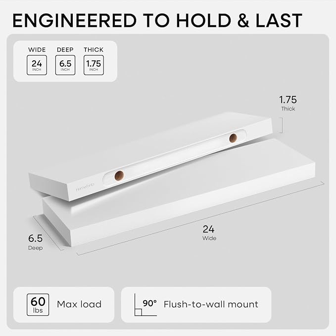 Homeforia White Floating Shelves 24 inch, High End Solid Real Wood 24inch - Image 2
