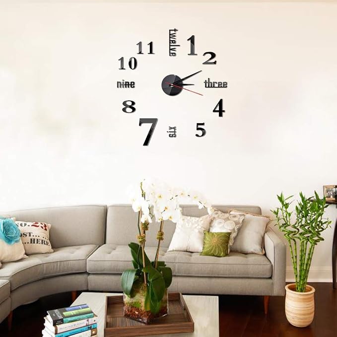 Hxezoc 10inch-20inch Frameless DIY Wall Clock Black 3D Mute Round Shape Quartz by Hxezoc