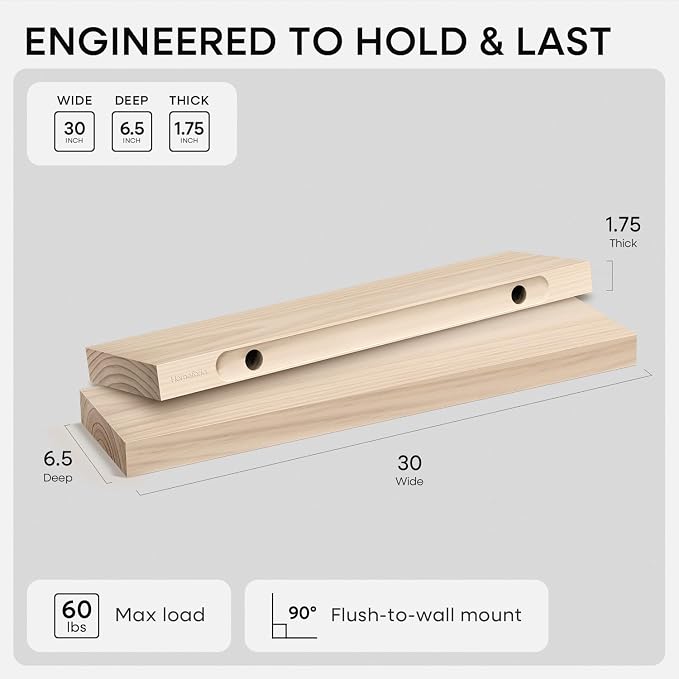 Homeforia 30 inch Wood Floating Shelves, High End Solid Natural Wood 30inch - Image 2