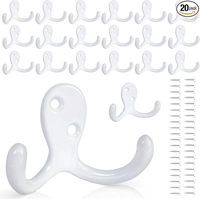 20 Pack Coat Hooks Wall Hooks for Hanging, Heavy Duty Double Prong Metal Hook by CBWLWJ
