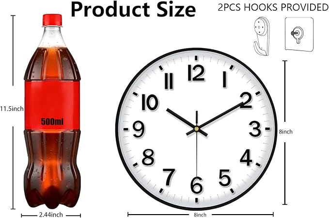 Black Wall Clock, 8 Inch Wall Clocks Battery Operated, Round Modern Non Ticking - Image 3