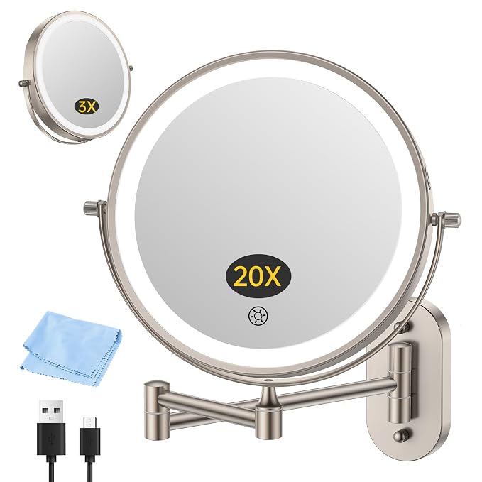 FUNTOUCH 3X/20X Wall Mounted Lighted Makeup Mirror, 5000mAh Rechargeable Double by FUNTOUCH
