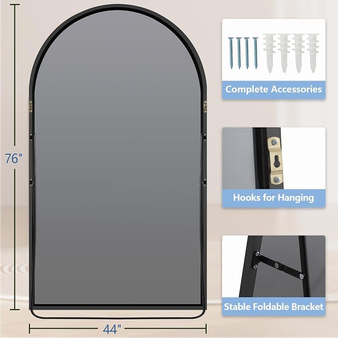 Arched Full Length Mirror, Tempered Glass Large Free Standing Mirror - Image 7