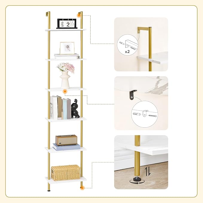 HOOBRO DIY Ladder Shelf, 6-Tier Wooden Wall Mounted Bookshelf, Narrow Gold - Image 6
