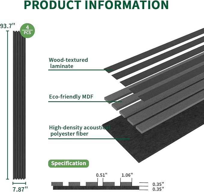 Wood Slat Acoustic Panels, 4 Pack 94" x 8"/ 240 x20cm Wood Wall Panels - Image 3