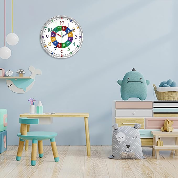 XFM Kids Wall Clock for Children's Bedroom 10 Inch Round Multi-Colored Learning - Image 5