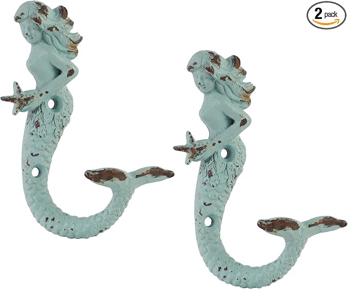SOFFEE DESIGN 2PCS Green Mermaid Side Profile Hooks, Beach Themed Towel Hangers by SOFFEEDESIGN