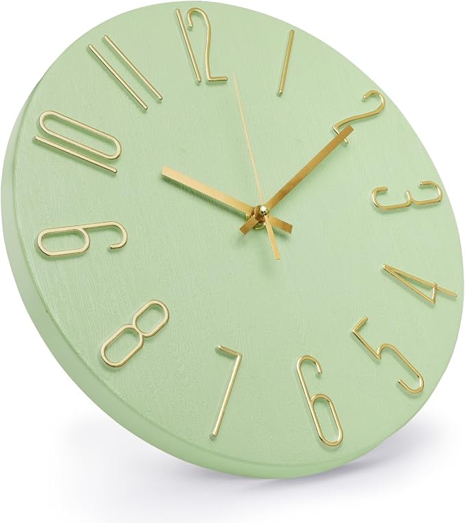 Wall Clock 12 Inch Silent Non-Ticking Imitation Wood Indoor Clock Round Green - Image 2