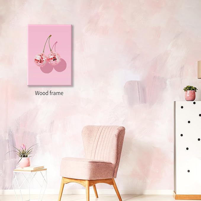 Funky Pink Cherry Poster Retro Disco Ball Canvas Wall Art 16X24 inch Framed - Image 6
