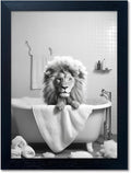 Framed Black and White Animal Bathroom Wall Art Funny Lion in tub Bathroom by Melpa+Art