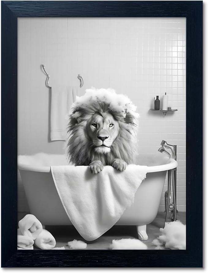 Framed Black and White Lion Wall Art Bathroom Pictures Wall Decor Funny by Melpa+Art