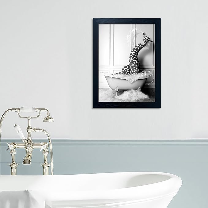 Black and White Bathroom Wall Art Funny Giraffe in Bathtub Wall Decor Framed - Image 9