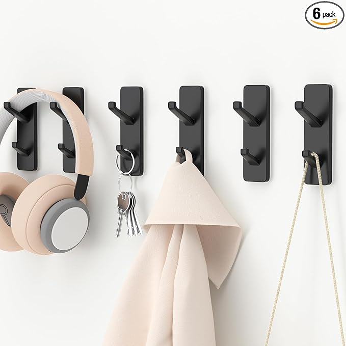 susswiff Black 6 Pack Aluminum Coat Hooks, Heavy Duty Self Adhesive Hooks by susswiff