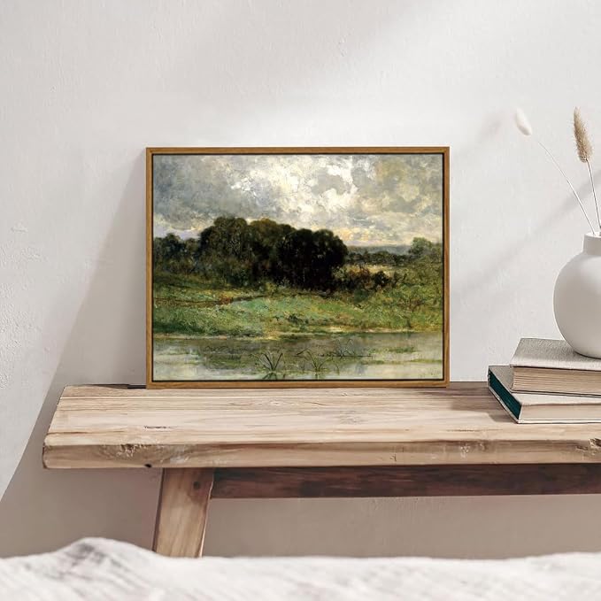OIQArtOIQ Framed Vintage Landscape Wall Art Lake Natural Scenery Oil Painting - Image 2