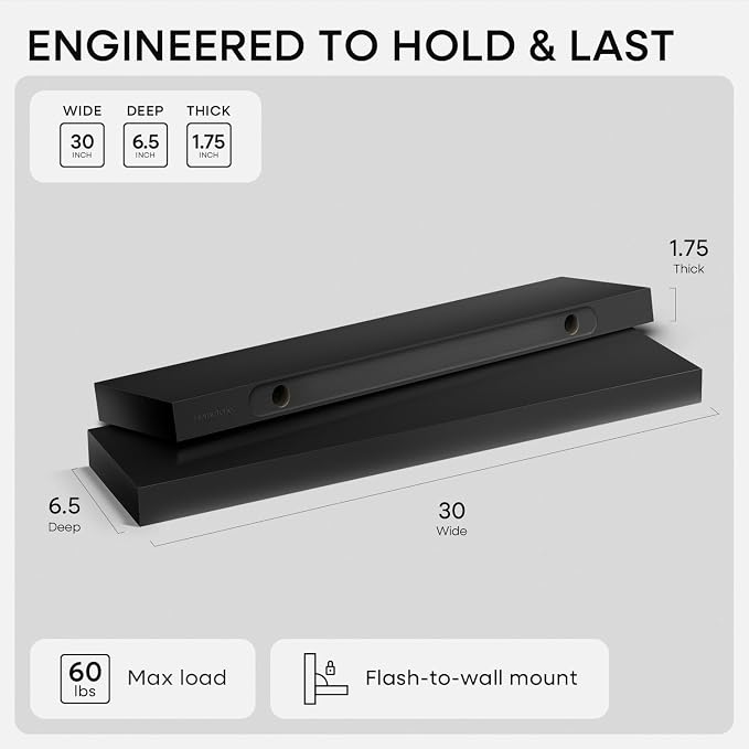 Homeforia Black Floating Shelves 30 inches Long, High End Solid Real Wood 30 - Image 2
