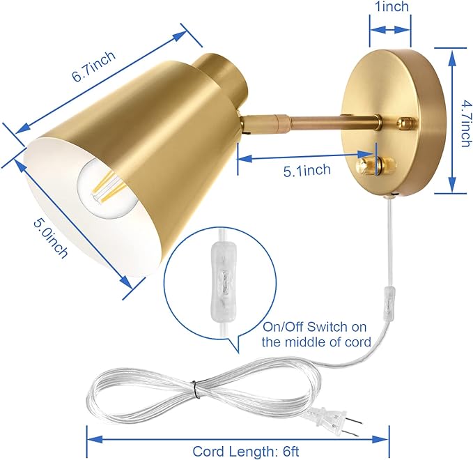 VATONI Dimmable Wall Sconce, Plug in Wall Sconce Adjustable Angle Wall Lights - Image 5