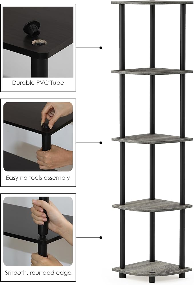 Furinno TURN-N-TUBE Corner Shelf Set of 2, 5-Tier Corner Bookshelf, Open - Image 4