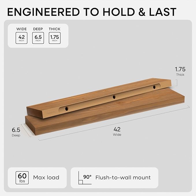 Homeforia 42 inch Golden Oak Floating Shelf, High End Solid Real Wood 42inch - Image 2
