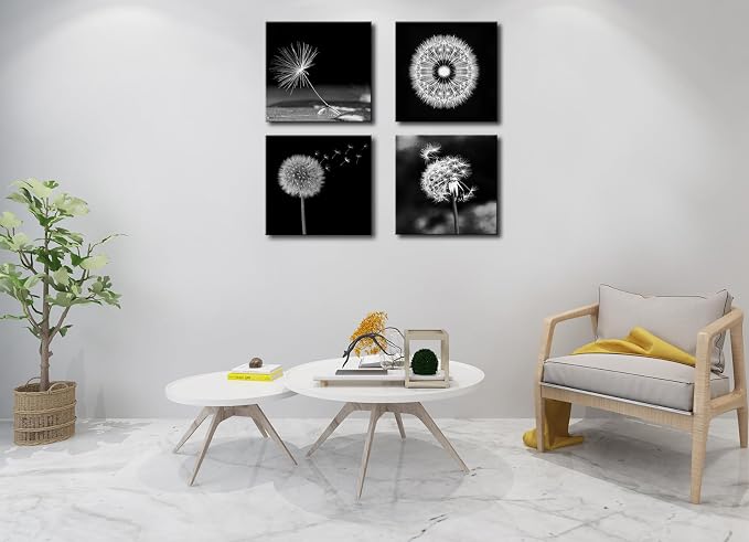 weiyiart Black and White Floral Wall Art, Dandelion Canvas Painting Prints - Image 3