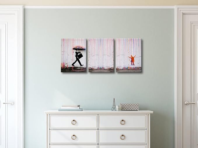 Wieco Art 3 Piece Banksy Famous Canvas Paintings Wall Art Raining day Modern - Image 5