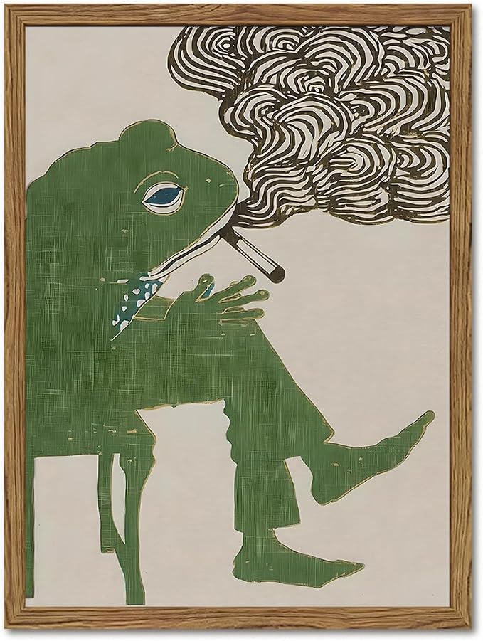 Funny Frog Smoking Wall Art Whimsical Green Frog Wall Decor Painting Cute by YYNISPINWallArt