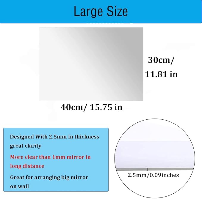 16"x12" Acrylic Mirror Sheet, Flexible Non Glass Body Mirror Tiles Large Self - Image 2