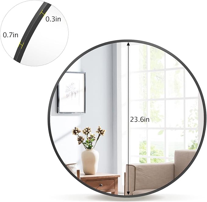 VooBang Round Mirror 23.6" Black Wall Mounted Circle Mirrors Vanity Mirror - Image 6