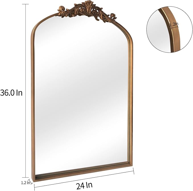 HQiJun Antique Gold Arched Baroque Mirror 24x36 - Image 5