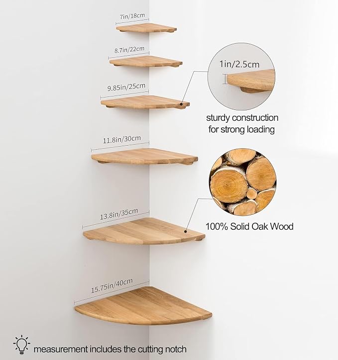 Corner Shelf, Solid Oak Wood Floating Corner Shelf Wall Mount Round End - Image 6
