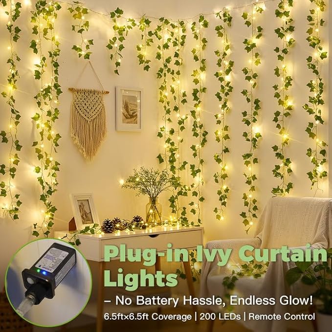 suddus 200 LED Vine with Light Plug in, 6.5ft x 6.5ft Ivy Fairy Curtain Lights - Image 2