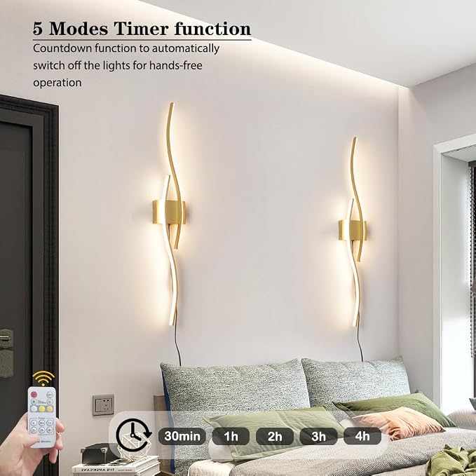 Daunton Modern Gold Plug in Wall Sconces Set of Two, RC Dimmable LED Plug in - Image 6