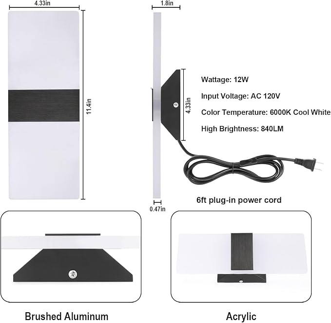 TRLIFE Wall Sconce Plug in, Modern Wall Sconces 12W LED Wall Sconce 6000K Cool - Image 4