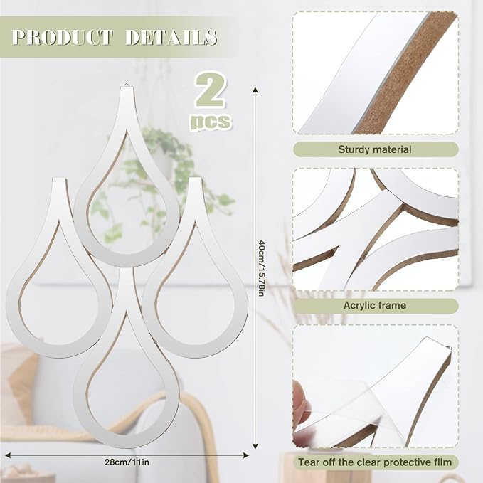 Weysat 2 Pieces Teardrop Wall Mirror Hanging Wall Mounted Decorative Accent - Image 2