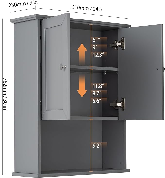 VANIRROR Grey Wall Mounted Bathroom Cabinet 24x30 Inch Wooden Over Toilet - Image 2