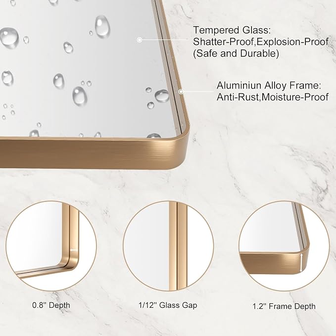 LOAAO 24”X36” Gold Bathroom Mirror, Rounded Rectangle Gold Frame Mirror - Image 5