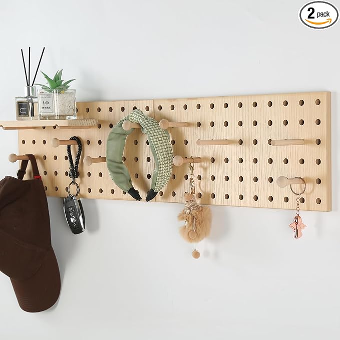 2 Pack Beige Wooden Pegboard, Modular Wall Organizer Storage Shelf by UMICAL